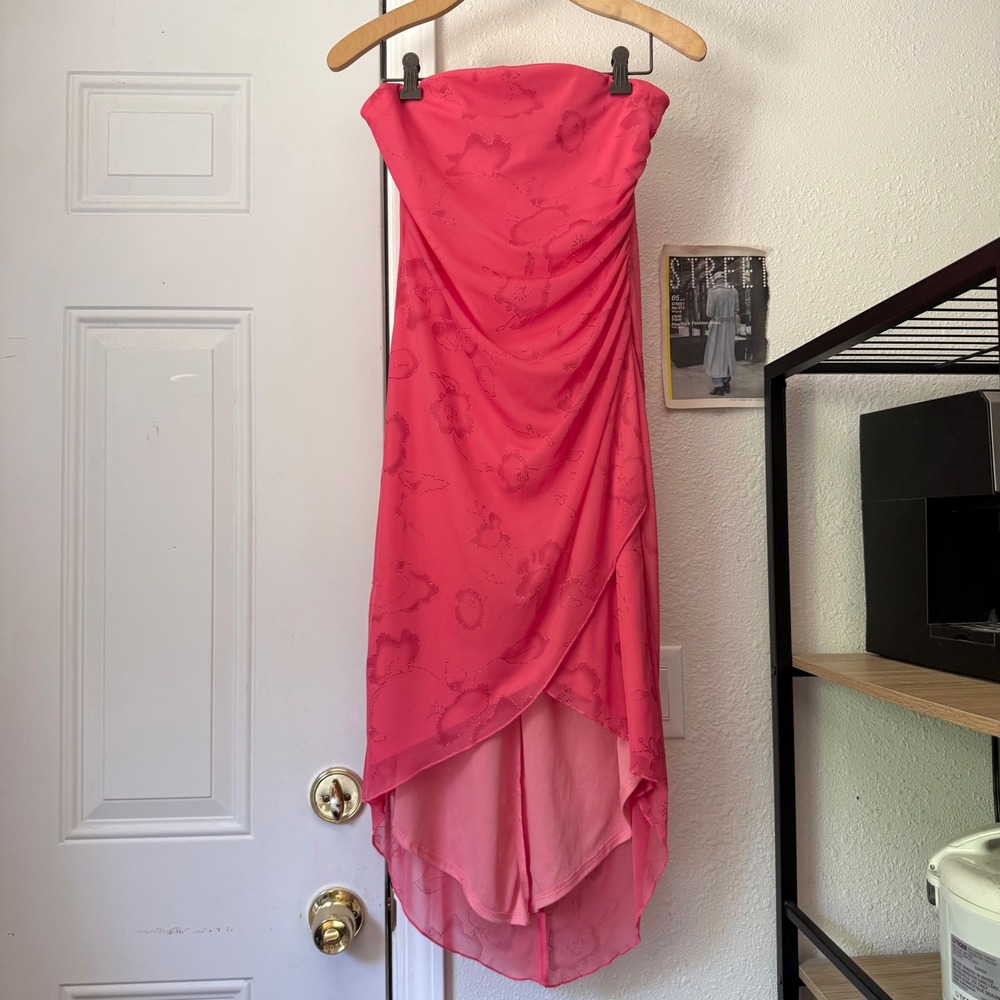 RAMPAGE y2k vintage pink glitter sparkle tulip strapless hi lo midi dress